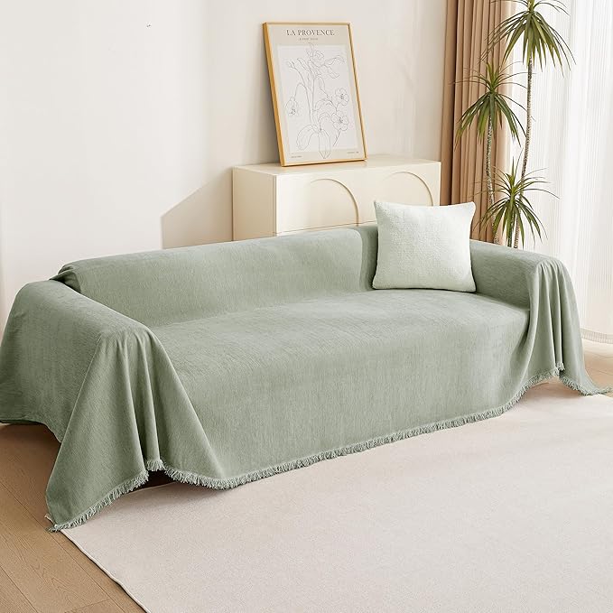 MYSKY HOME Easy Fitted Couch Cover for Dogs Stain Resistant Couch Cover Sage Sofa Covers for 2 Cushion Couch Multi-Use Sectional Couch Covers for Loveseat Universal Tassel Sofa Throw 91"X 118"