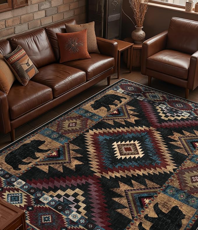 YIHOUSE Rustic Cabin Area Rug for Living Room 8x10,Machine Washable Lodge Bear Rug,Non-Slip Low Pile Print Pattern Western Rug for Bedroom