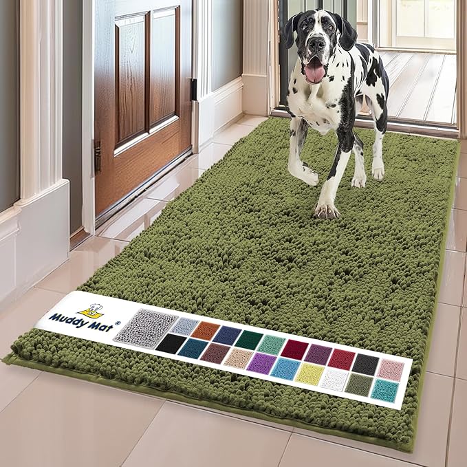 Muddy Mat® | Super Absorbent Door Mat Indoor, Microfiber Quick Dry Chenille Entryway Rug, Non-Slip Front Door Mat, Indoor Mats for Entryway, Machine Washable Pet Rug, Army Green 24" x 120"