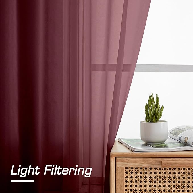 Simplebrand Burgundy Red Sheer Curtains 96 Inches Long, Light Filtering Rod Pocket Solid Color Window Sheer Curtain Panels, Elegant Curtains & Drapes for Living Room, Bedroom 2 Panels, 59" W x 96" L