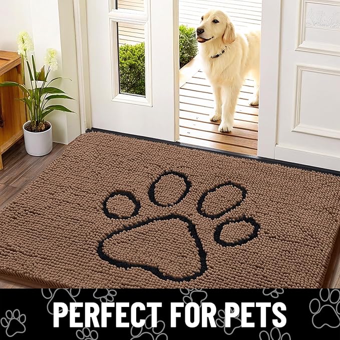 Smiry Dog Door Mat for Muddy Paws, Absorbent Dirt Trapper Non Slip Quick Dry Washable Chenille Mat for Mud Dogs, Entry Rug for Indoor and Outdoor (40x32 Inches, Coffee and Black)
