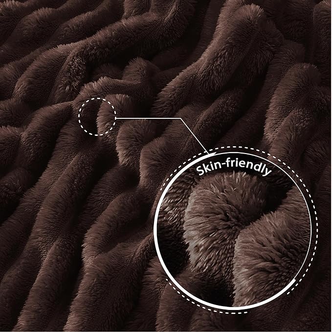 Exclusivo Mezcla Queen Size Flannel Fleece Blanket, Super Soft Striped Jacquard Bed Blanket, Lightweight Fuzzy Cozy for All Seasons, 90x90 Inches, Coffee
