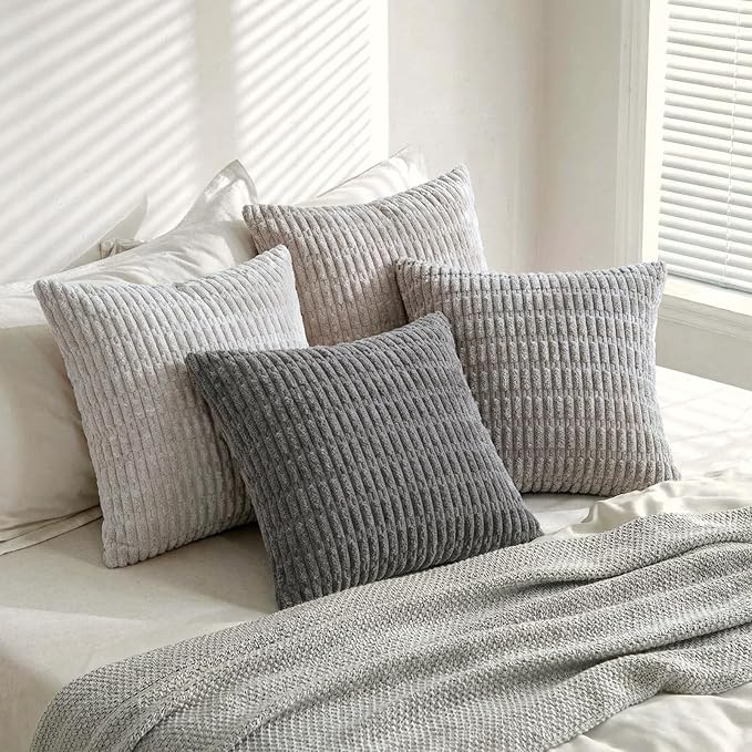 Fancy Homi Set of 4 Grey and White Decorative Throw Pillow Covers 12x12 Inch for Couch Bed Chair, Modern Farmhouse Boho Room Decor, Soft Fuzzy Double Sided Corduroy Textured Striped Cushion Case 30cm