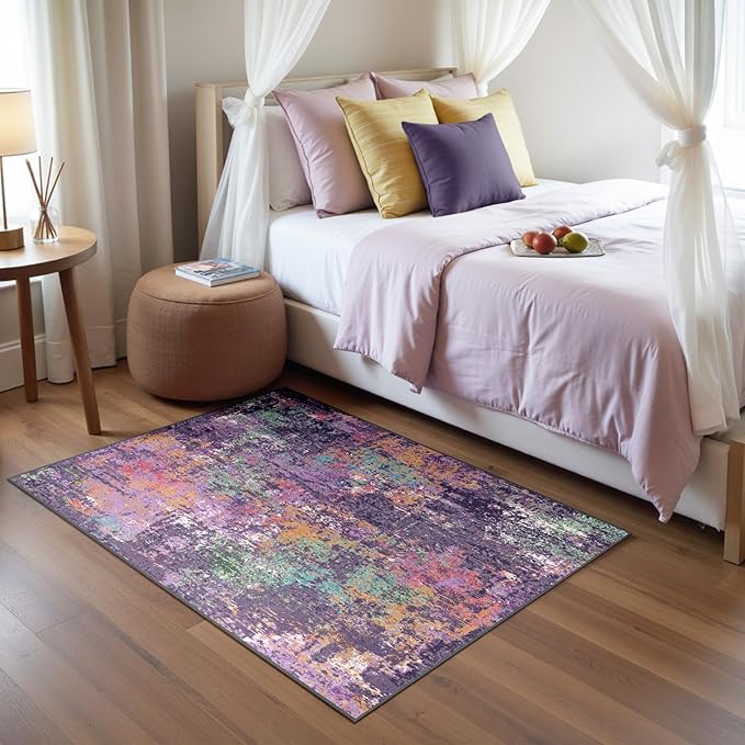 Washable Area Rugs 3'x5' Non-Slip Modern Abstract Soft for Living Room Entryway Bedroom Nursery, Print Pattern, Purple Orange Blue Green Rust Red Colorful