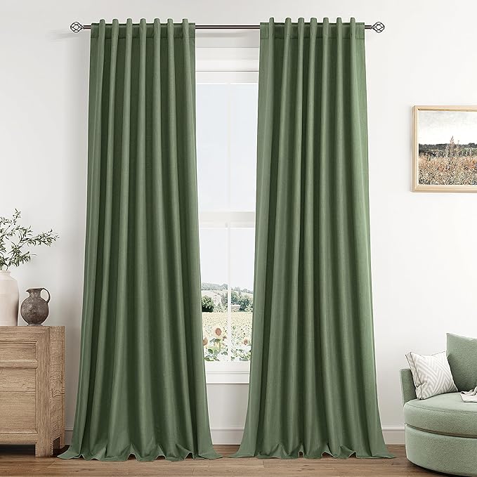 Guken Olive Green 100% Blackout Curtains 96 Inch Length 2 Panels Set for Living Room Bedroom Back Tab Thermal Insulated Black Out Linen Drapes Room Darkening Window Curtains 96 Inches Long