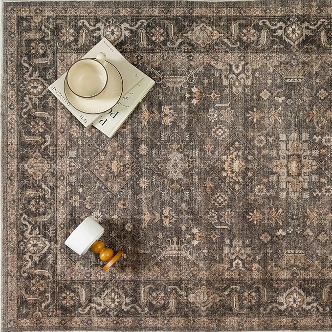 3x4 Washable Area Rug for Entryway Vintage Brown Non Slip Low Pile Carpet Traditional Retro Soft Throw Rug for Entrance Bathroom Door Mat Indoor Dorm Dining Room