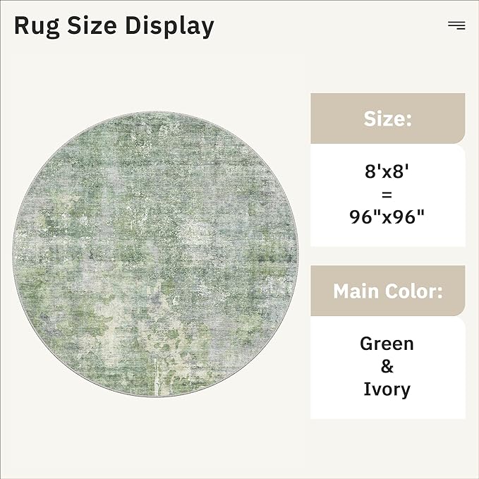 8x8 Green/Ivory Round Rug 8ft Living Room Circle Rug Vintage Round Area Rug Non Slip Indoor Carpet for Apartment