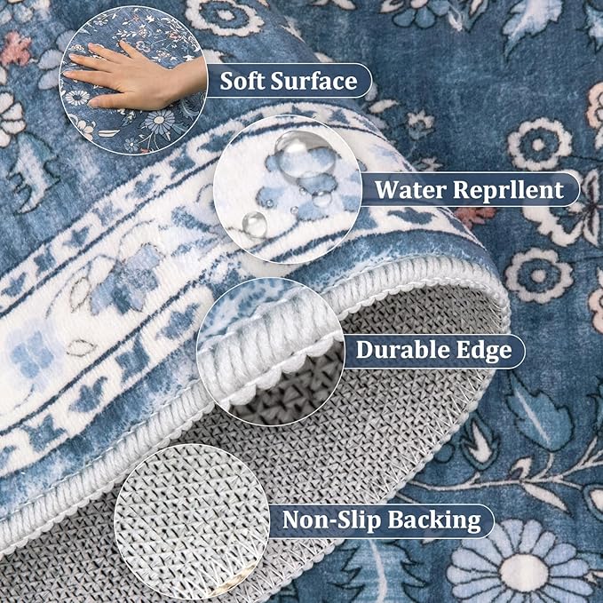 Yamaziot Washable Runner Rug 2x8 – Non Slip Boho Floral Hallway Runner Rug with Rubber Backing, Low Pile Wool Distressed Carpet for Kitchen, Laundry, Bedroom, Entrance, Blue
