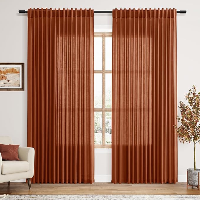 Nanspring Extra Wide Linen Curtains for Living Room 84 Inches Long Terracotta Light Filtering Semi Sheer Boho Farmhouse Curtain for Bedroom Office Luxury Back Tab and Rod Pocket 100x84, 2 Panels