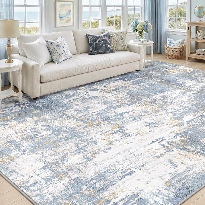 Washable Area Rugs 9'x12' Non-Slip Modern Abstract Soft for Living Room Entryway Bedroom Nursery, Print Pattern, Light Blue