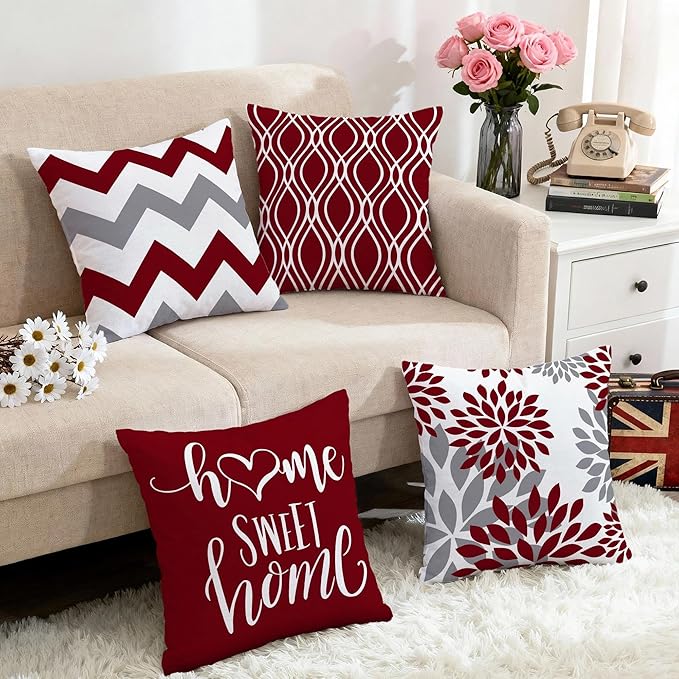 Hexagram Geometric Burgundy Pillow Covers 20x20 Set of 4, Decorative Outdoor Boho Modern Throw Pillow Covers, Home Sweet Home Farmhouse Cushion Case for Couch Sofa Bedroom Indoor Decor(No Insert)