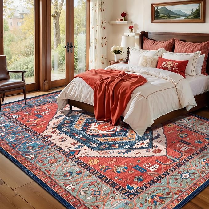 SERISSA Washable Rug 5x7 Boho Area Rugs, Washable Large Rugs for Living Room, Ultra Soft Non-Slip Rust Rug Print Distressed Vintage Farmhouse Carpet for Bedroom Dining Room Dorm Office Home Decor