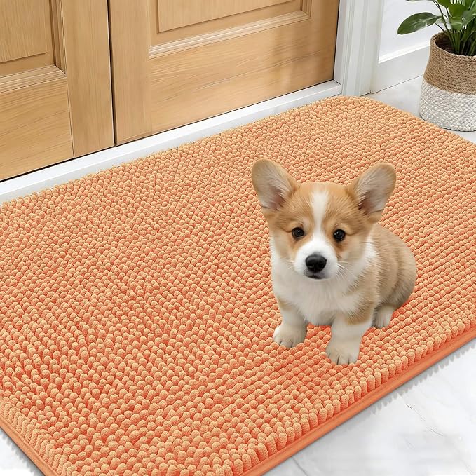OLANLY Dog Door Mat for Muddy Paws 30x17, Absorbs Moisture and Dirt, Absorbent Non-Slip Washable Doormat, Quick Dry Chenille Mud Mat for Dogs, Entry Indoor Entryway Carpet for Inside Floor, Orange
