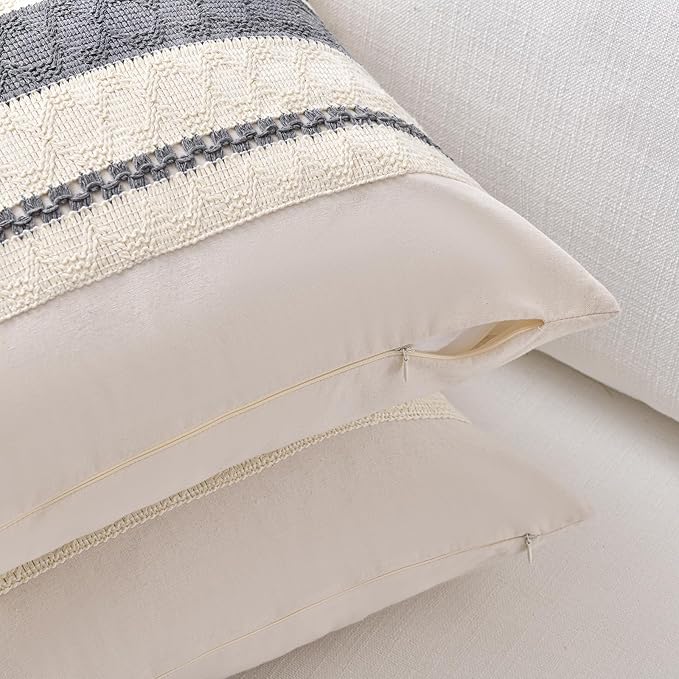 Fancy Homi Set of 1 Neutral Grey Farmhouse Big Decorative Throw Pillow Covers 24x24 Inch for Couch Bed Chair, Vintage Country Rustic Retro Room Decor, Soft Thick Cotton Handmade Woven Cushion Case