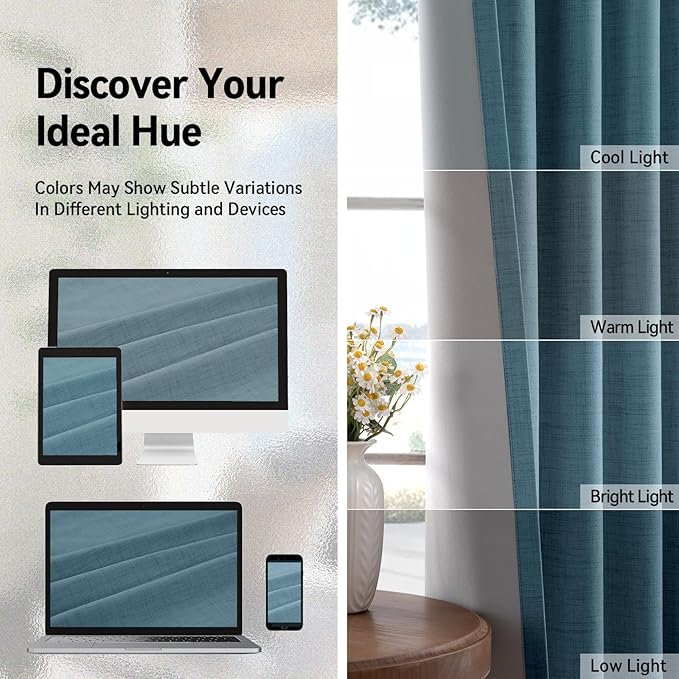 100% Blackout Shield Linen Blackout Curtains for Bedroom, Stone Blue Grommet Curtains for Living Room, Thermal Insulated Room Darkening Drapes for Nursery, Boho Home Decor, 50" W x 96" L, 2 Panels