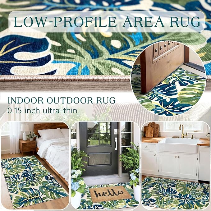 Boho Outdoor Rug - 28" x 43" Front Door Mat Indoor Outside Entrance Non-Slip Washable Outdoor Mat Tropical Green Blue Leaf Rug for Entryway Kitchen Bedroom Layered Doormat for Front Porch