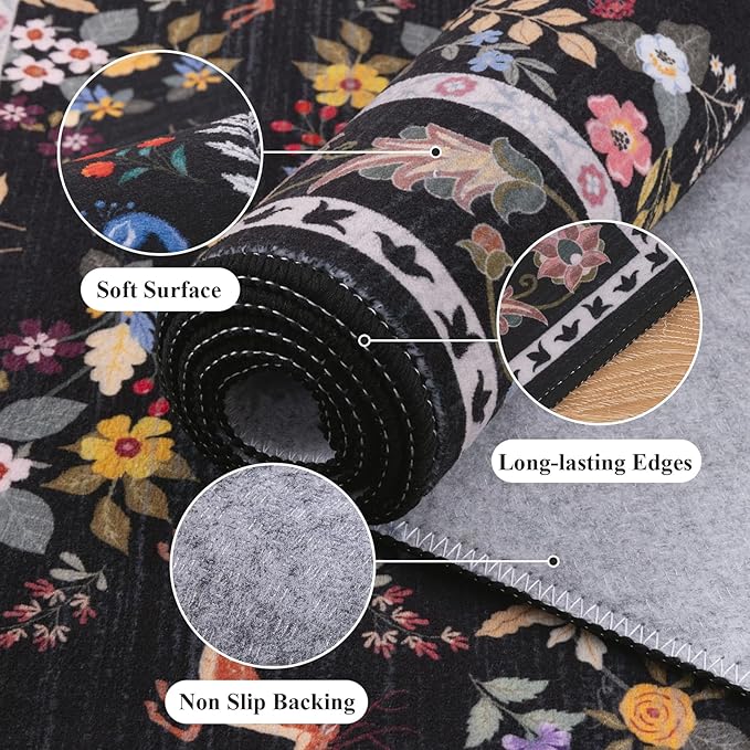 HEBE Washable Hallway Runner Rug 2'x 6' Non Slip Kitchen Rugs Runner,Low Pile Entryway Rug Laundry Room Mat Floral Carpet Runners for Hallways, Kitchen,Bathroom,Laundry,Bedside Rug