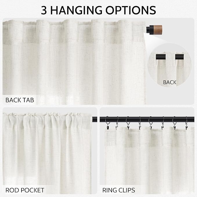 Nanspring Neutral Linen Curtains 90 Inches Long for Living Room Light Filtering Semi Sheer Curtain Coastal Modern Farmhouse Decor Drapes for Bedroom Office Back Tab and Rod Pocket 52x90, 2 Panels