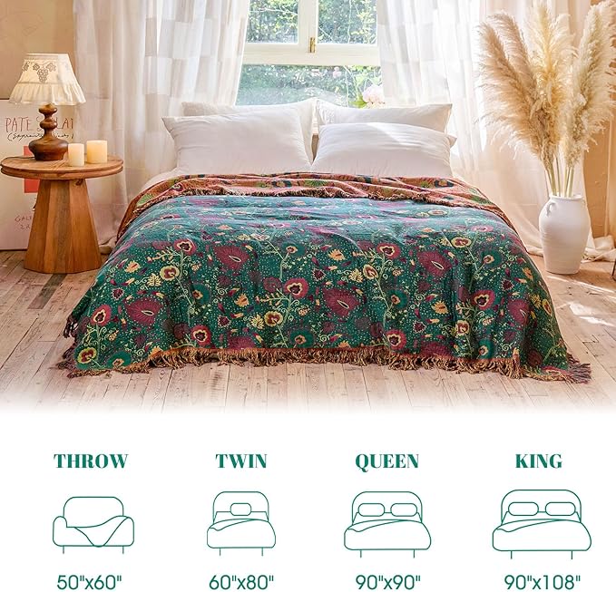 MSGKV Boho Throw Blanket for Couch and Sofa Cotton Blankets for Living Room Bedroom Reversable Florals Throw 60"x80" Spring Breathable Cozy Blankets