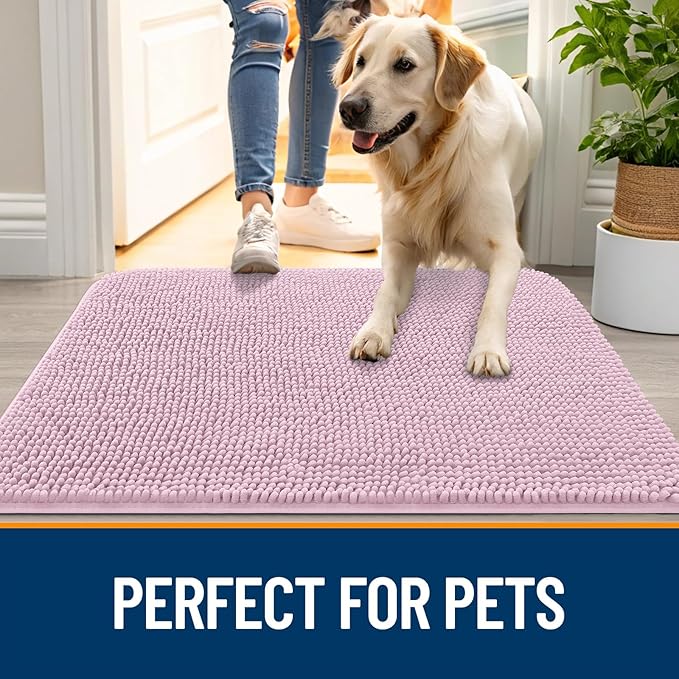 OLANLY Dog Door Mat for Muddy Paws 70x46, Absorbs Moisture and Dirt, Absorbent Non-Slip Washable Doormat, Quick Dry Chenille Mud Mat for Dogs, Entry Indoor Entryway Carpet for Inside Floor, Dusty Rose