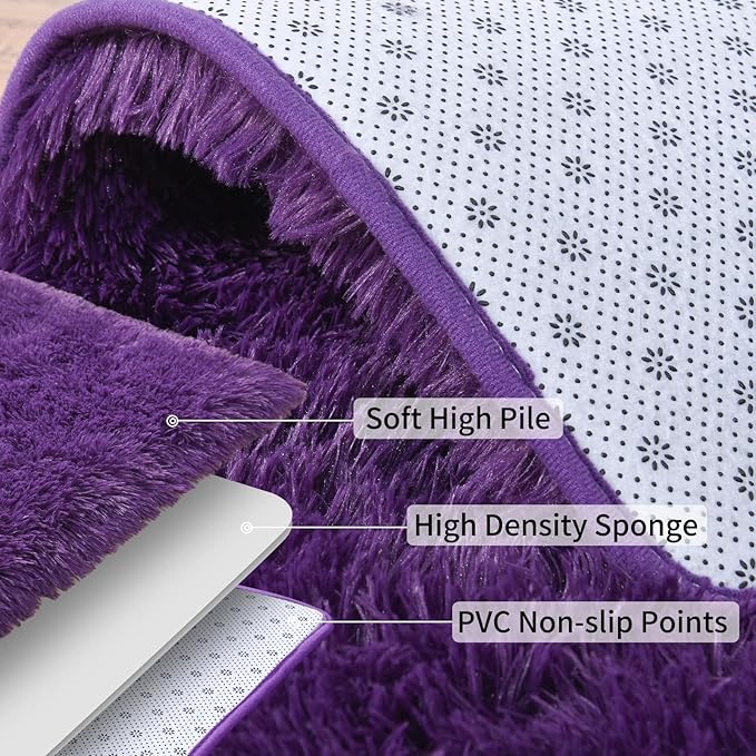 Soft Runner Rugs for Bedroom Hallways, 2x3 Purple Fluffy Shag Throw Area Rug Non Slip for Bedside Dorm, Long Shaggy Furry Carpet for Nursery Living Room