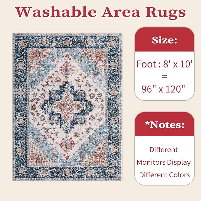 SERISSA Boho 8x10 Area Rugs, Washable Vintage Large Living Room Rug Non-Slip, Ultra Soft Oriental Print Distressed Tribal Farmhouse Blue Orange Carpet for Dining Room Bedroom Dorm Office Home Decor
