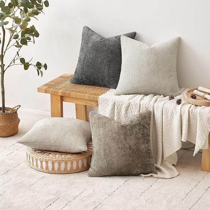 MIULEE Pack of 4 Couch Throw Pillow Covers 24x24 Inch Neutral Soft Decorative Chenille Pillow Covers Farmhouse Boho Accent Cushion Covers for Mid Century Modern Spring Decor Sofa Bedroom Living Room