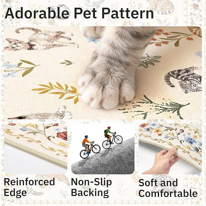 Soalmost Cat 6x9 Area Rugs for Living Room, Machine Washable Animal Floral Vintage Rug Non-Slip Low Pile Soft Throw Rugs for Bedroom Dining Room Kitchen Nursery Playroom (6 x 9,Beige)