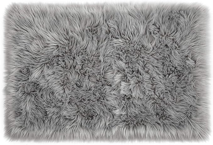 LOCHAS Soft Fluffy Faux Fur Rugs for Bedroom Bedside Rug 2x3 Feet, Washable, Furry Sheepskin Area Rug for Living Room Girls Room, Luxury Shag Carpet Home Decor, Grey