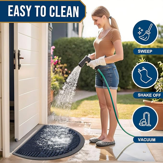 Smiry Half Circle Front Door Mat Outside Entrance, Heavy Duty Sturdy Natural Rubber Doormat, Trap Dirt and Moisture, Low Profile Mats for Indoor Outdoor Entry, Irregular Triangle (47x32, Navy Blue)