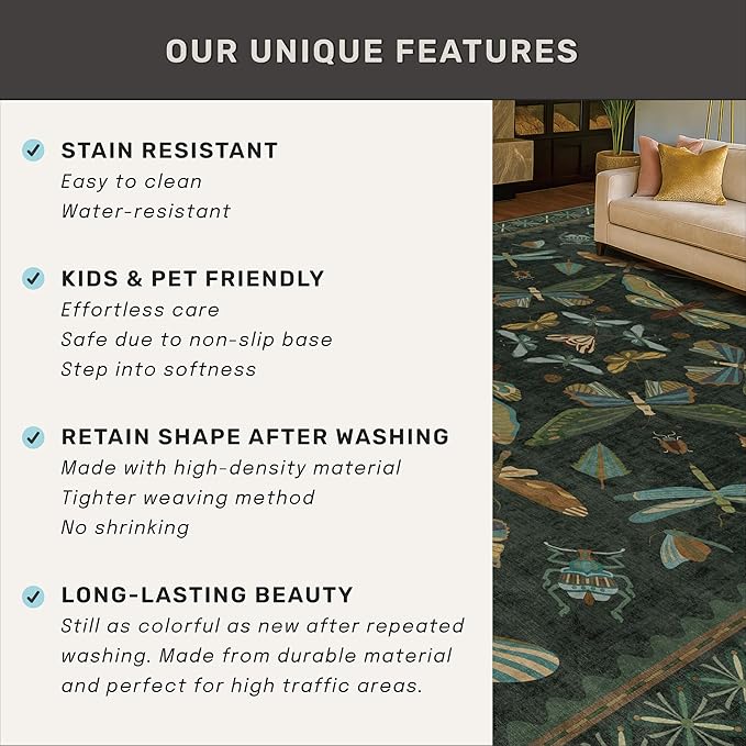 Dark Green 2'6"x12' Long Runner Rugs for Hallway - Boho Wide Washable Non Slip Rug for Indoor Entryway, Kitchen, Low Pile Vintage Whimsical Insect Moth Design, Stain Resistant Ultra Soft Carpet