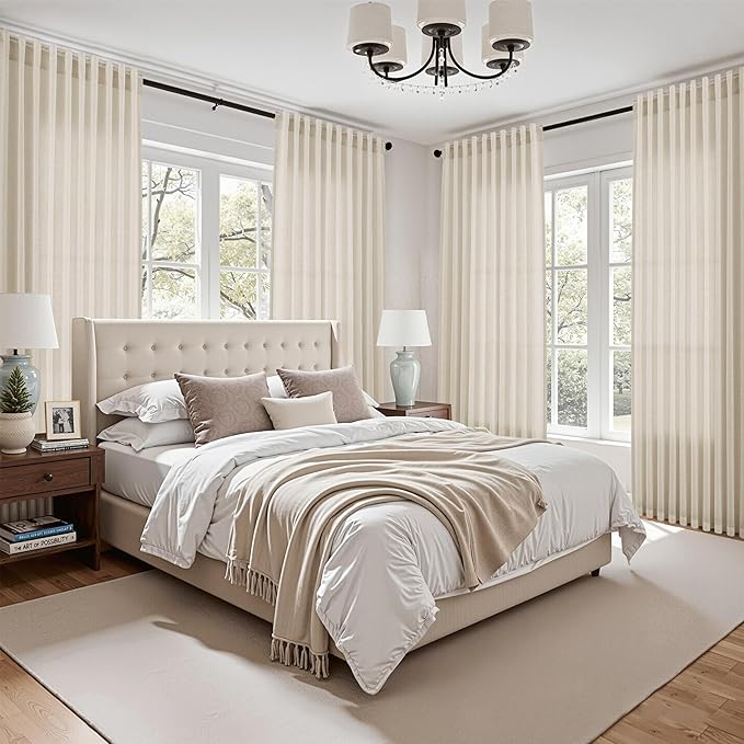 Birch Beige Linen Curtains for Living Room 105 Inches Long Light Filtering Semi Sheer Curtain Back Tab Modern Farmhouse Decor Elegant Luxury Coastal Drapes for Bedroom Dinner Room 52x105, 2 Panels