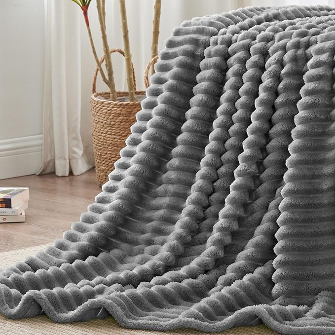 BEDELITE Blankets Queen Size for Bed, 300GSM Soft & Warm Fleece Blanket, Decorative and Giftable Striped Grey Blankets for Women, Men, 90"x90"