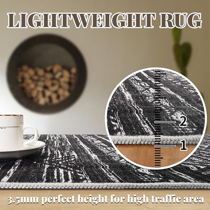 4x10 Washable Hallway Runner Rug：Moroccan Non-Slip Wide Runners for Entryway Kitchen Soft Modern Geometric Low-Pile Rugs for Living Room Thin Waterproof Carpet for Bedroom Bathroom Laundry(Black,4x10)