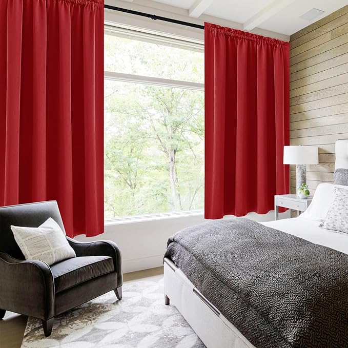 DWCN Blackout Curtains for Living Room Thermal Insulated, Energy Saving & Noise Reducing Bedroom Curtains, Red, W 52x L 36 Inch, Set of 2 Rod Pocket Curtain Panels