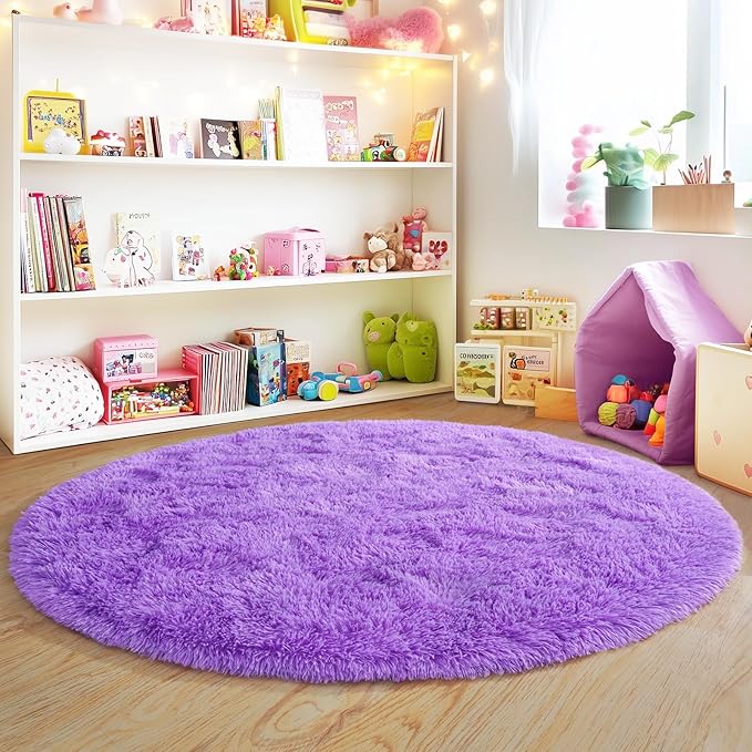 3'x3' Purple Round Rug for Bedroom, Ultra Soft Fluffy Circle Rug for Kids Girls Boys Room, Cute Small Shag Rugs for Living Room Playroom Teen Room Home Decor Rug