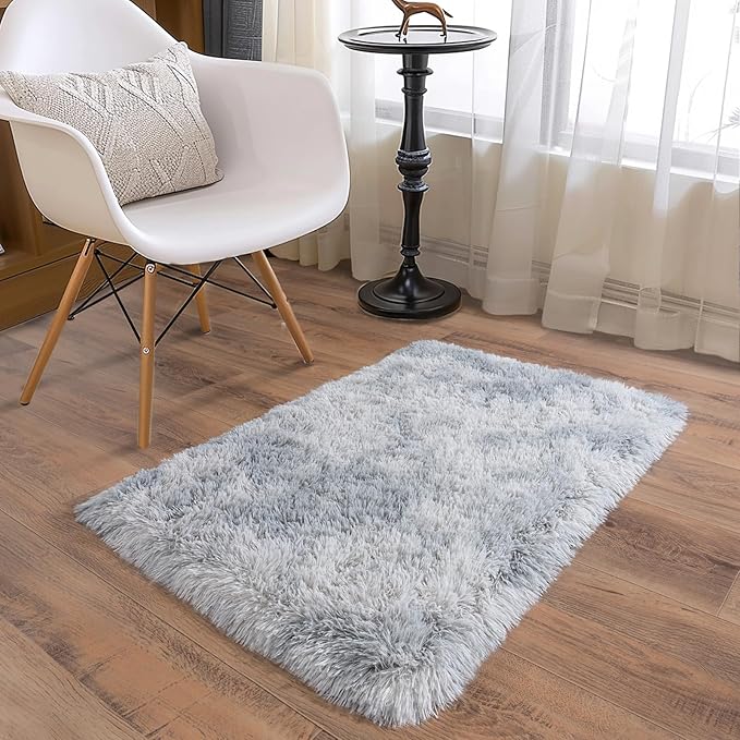 Ultra Soft Runner Rugs for Bedroom Hallways with Upgraded Non-Slip Rubber Backing & Thick Memory Sponge, 2x3 Feet Fluffy Shag Throw Area Rug for Bedside Dorm Tie-dye Light Grey