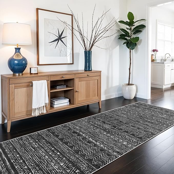 3x6 Washable Hallway Runner Rug - Moroccan Non-Slip Long Runners for Entryway Soft Modern Geometric Low-Pile Rugs for Kitchen Waterproof Neutral Carpet for Bedroom Bathroom Laundry 3x6 Black