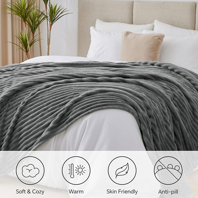 BEDELITE King Size Blanket for Bed, 300GSM Soft & Warm Fleece Blanket, Decorative and Giftable Striped Grey Blankets for Women, Men, 108"x90"