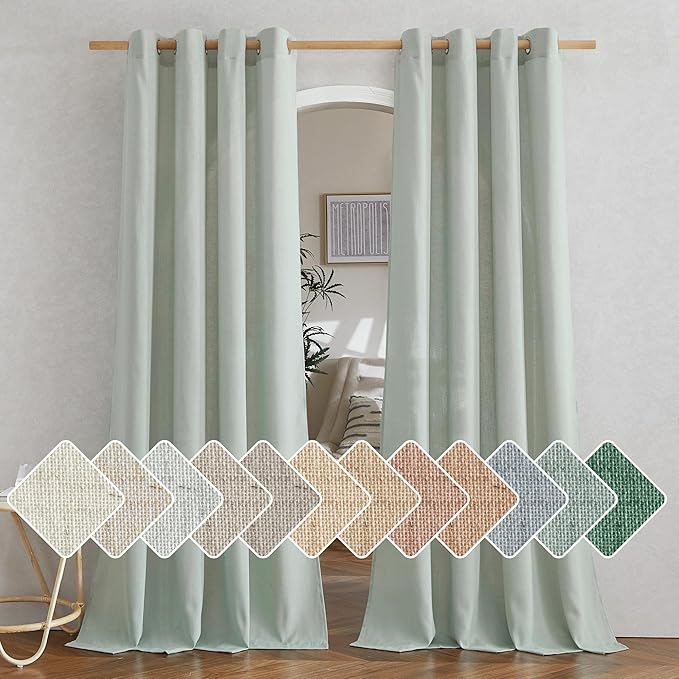NICETOWN Thick Linen Sage Green Curtains 84 inch Length 2 Panels, Grommet Linen Blend Privacy Added Flax Boho-Chic Light Filtering Window Drapes for Bedroom/Living Room, W55 x L84