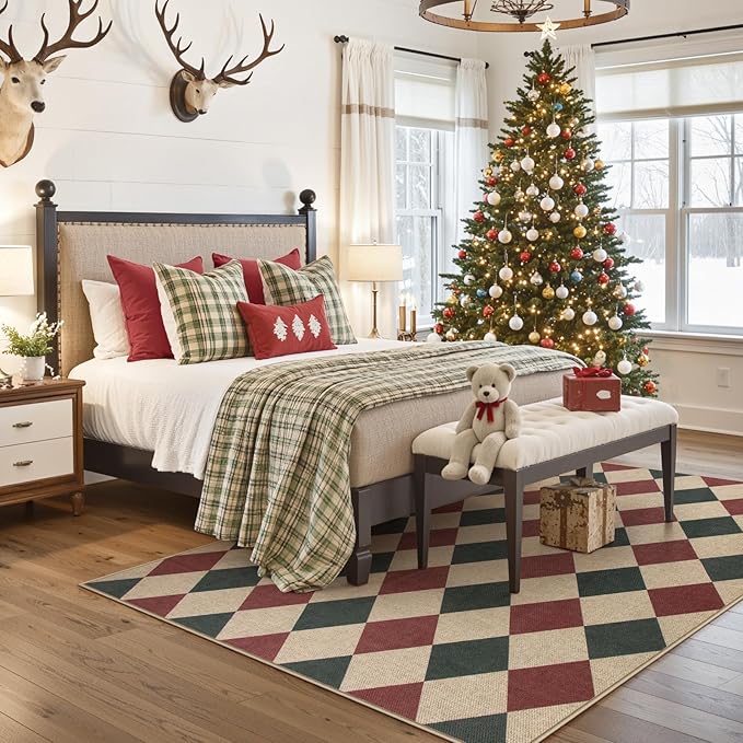 Lahome Christmas Rug, 5x7 Christmas Decor Rugs for Living Dining Room Non Shedding Washable Carpet, Checkered Red and Green Non Slip Stain Resistant Indoor Carpet for Patio Office Xmas Holiday Decor