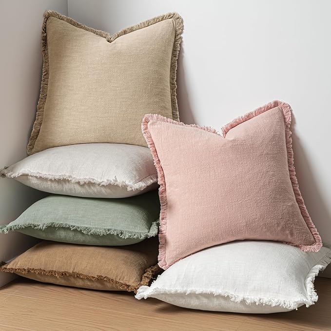MIULEE Valentines Decorative Throw Pillow Covers Neutral Linen Fringe Throw Pillows Set of 2 Pink Boho Farmhouse Cushion Covers with Tassels for Couch Sofa Bed Living Room Spring Decor 20x20 Inch