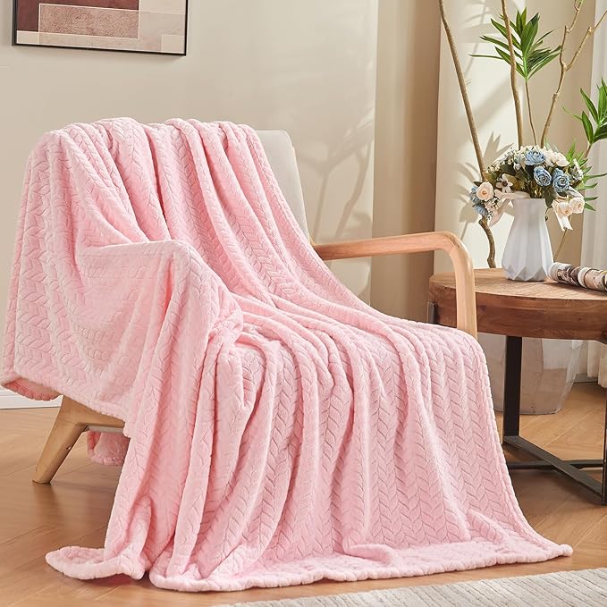 inhand Pink Fleece Queen Blanket for Bed, Super Soft Flannel Cozy Blankets for Adults, Lightweight Leaves Pattern Fuzzy Blanket for Office,Travel, Warm Plush Blankets for All Season, 90x90 Inches
