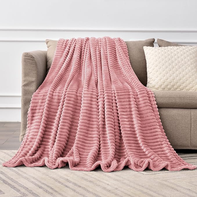 BEDELITE Large Throw Blankets for Couch - 3D Ribbed Jacquard Cute Fuzzy Fleece Blanket, Warm and Breathable Soft Cozy Throw XL Blanket, Dusty Pink