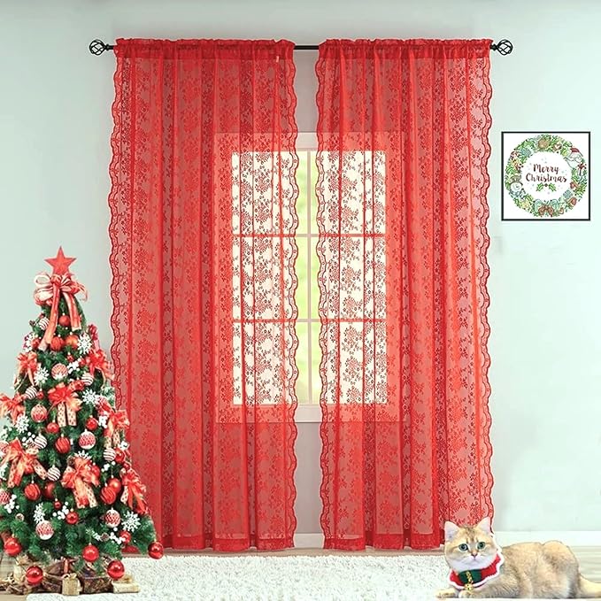 YJ YANJUN Vintage Lace Curtains 72 Inch Length 2 Panels for Bedroom-Victorian Floral Red Christmas Living Room Curtains with Scalloped Edges Farmhouse Embroidery Rod Pocket Privacy Christmas Decor