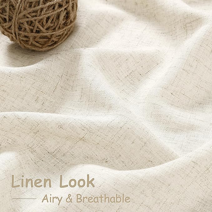 Warm Beige Linen Curtains 90 Inch Long 2 Panels Set for Bedroom Living Room Linen Textured Window Drapes Semi Sheer Light Filtering Rod Pocket Back Tab Cotton Textured Farmhouse Curtain 52x90