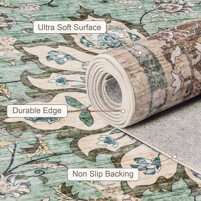 8x10 Area Rugs for Living Room: Washable Rug Soft Vintage Distressed Floral Carpet Indoor Floor Non-Slip Stain Resistant Large Carpets for Bedroom Dining Room Farmhouse Nursery Home Office Brown Green
