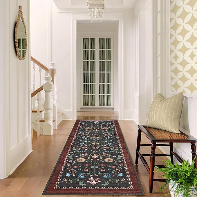 GarveeHome Floral Rug 2.5x8 Runners for Hallways, Boho Kitchen Runner Rugs Non Slip Bath Runners, Vintage Washable Runner Rug for Bedroom, Soft Long Rugs for Entryway Bathroom Laundry Dorm, Red
