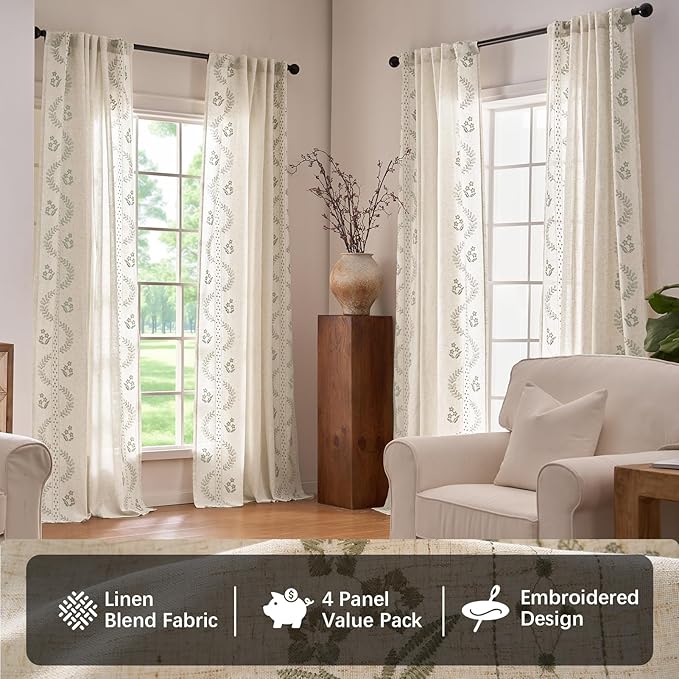 jinchan Belrose 4 Panel Curtains Set 90 Inch Length Floral Curtains Linen Blend Sage Green Embroidered Drapes Farmhouse Flower Patterned Drapes for Living Room Bedroom Window Treatments Set of 4