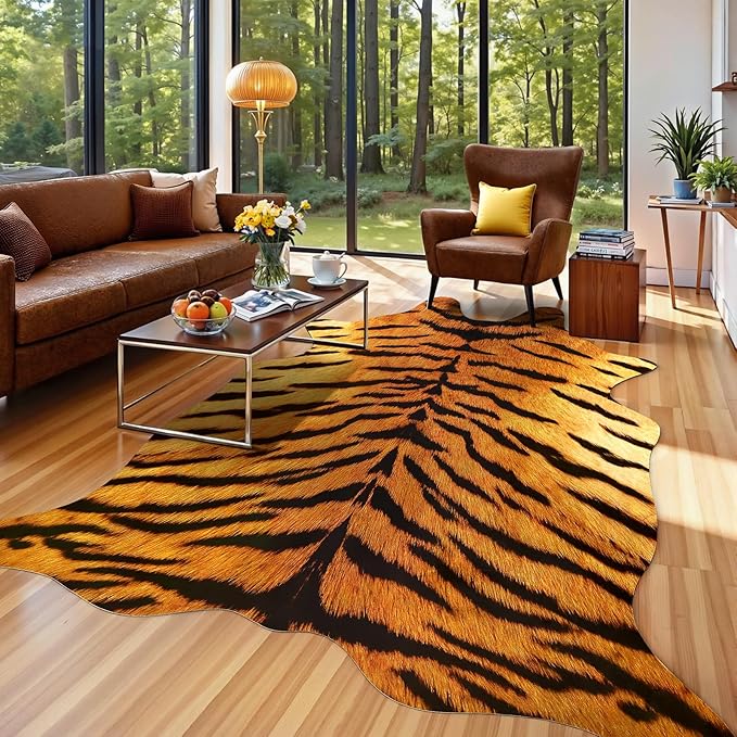 AROGAN Premium Tiger Print Rug 6.2x7 Feet, Machine Washable Faux Fur Rug, Non-Slip Animal Print Hide Tiger Skin Area Rug for Bedroom Living Room Home Decor